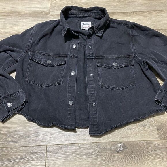 Stoosh Vintage Denim Jacket Women's XL Black‎ Jean Snap Up Oversized Cropped - Picture 1 of 4